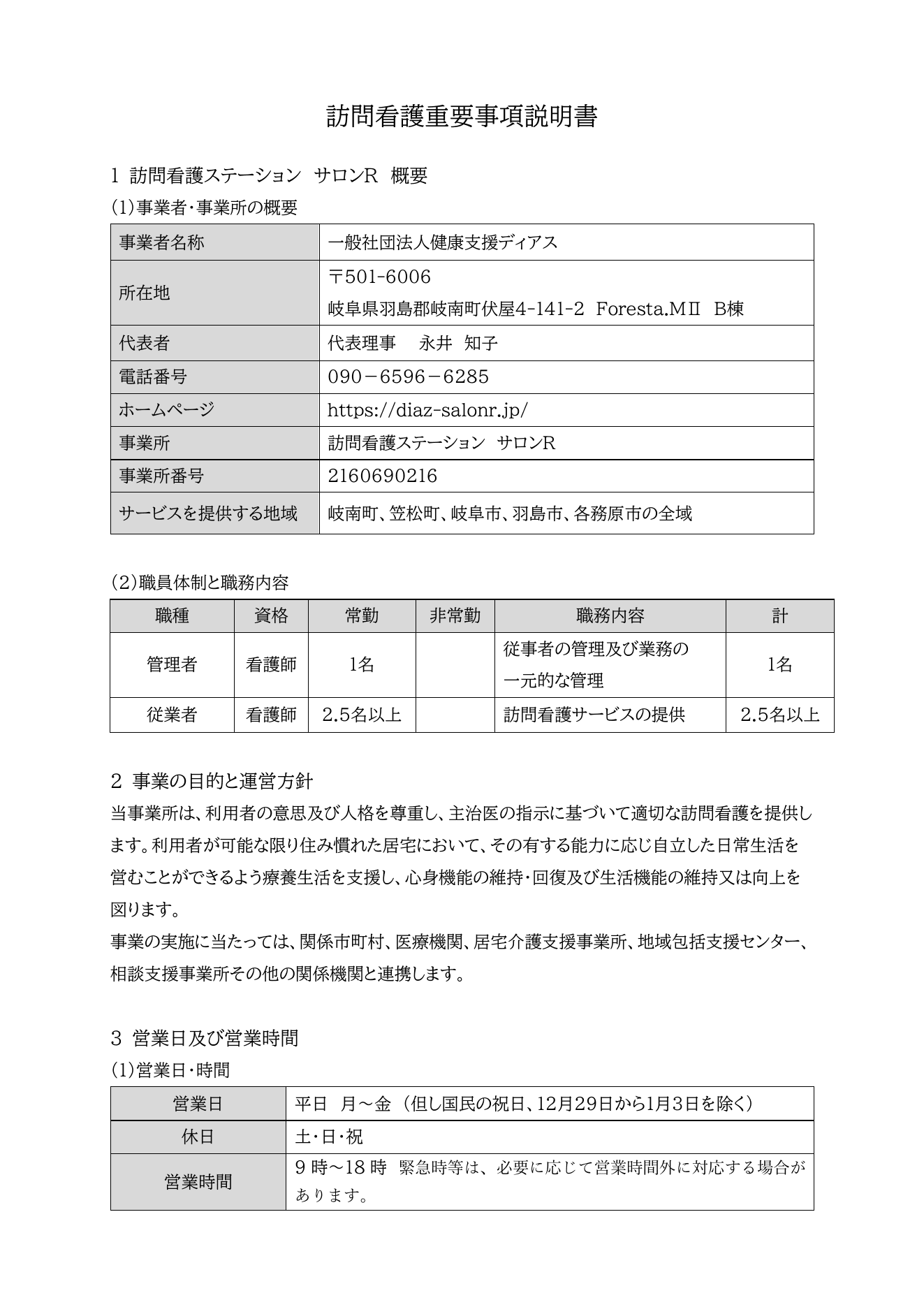 訪問看護ステーション サロンR 重要事項説明書 1ページ目