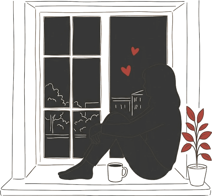 窓辺でひとり過ごす様子のイラスト
